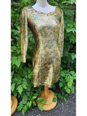 Vintage 60s Lurex Gold Floral Long Sleeve Cocktail Midi Dress Wiggle Rockabilly‎